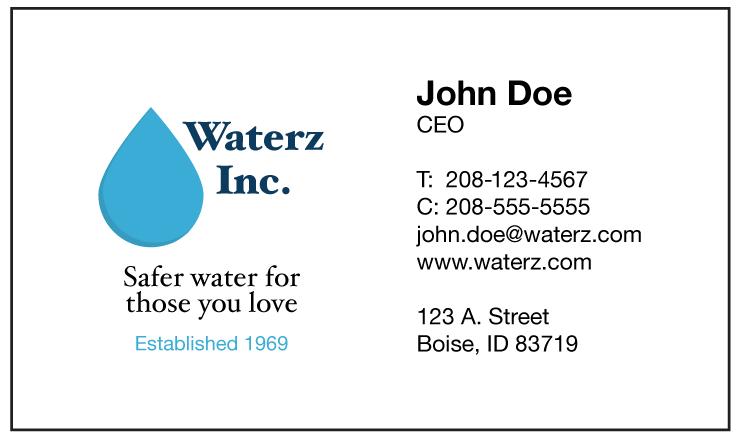 Business card on a white background. A blue water-drop mark sits left with the company name in a navy serif face, a tagline beneath it, and Established 1969 in light blue. The right side is flush left in a single sans-serif face: the name in large bold, the title smaller beneath it, then a gap, then four lines of contact detail, then a gap, then the two-line address.