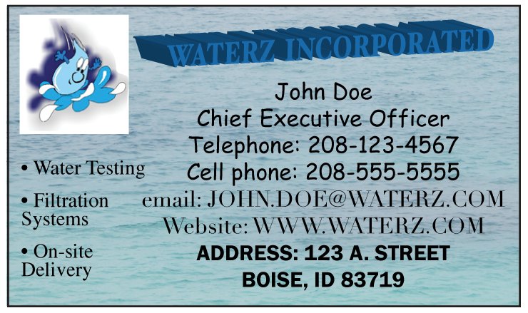 Business card with a photographic water background. A cartoon water-drop mascot sits top left. The company name is set in skewed three-dimensional lettering. Name, title, phone, cell, email and website are centre-aligned in a single evenly spaced stack in a serif face, with the address below in bold sans-serif. Three service bullets run down the left edge in a third typeface.